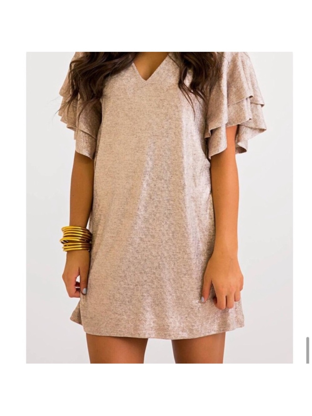 Karlie Metallic V-Neck Short Sleeve Mini Dress - Rose Gold